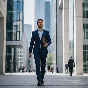 Person geht an moderner Finanzarchitektur im DACH-Raum vorbei.